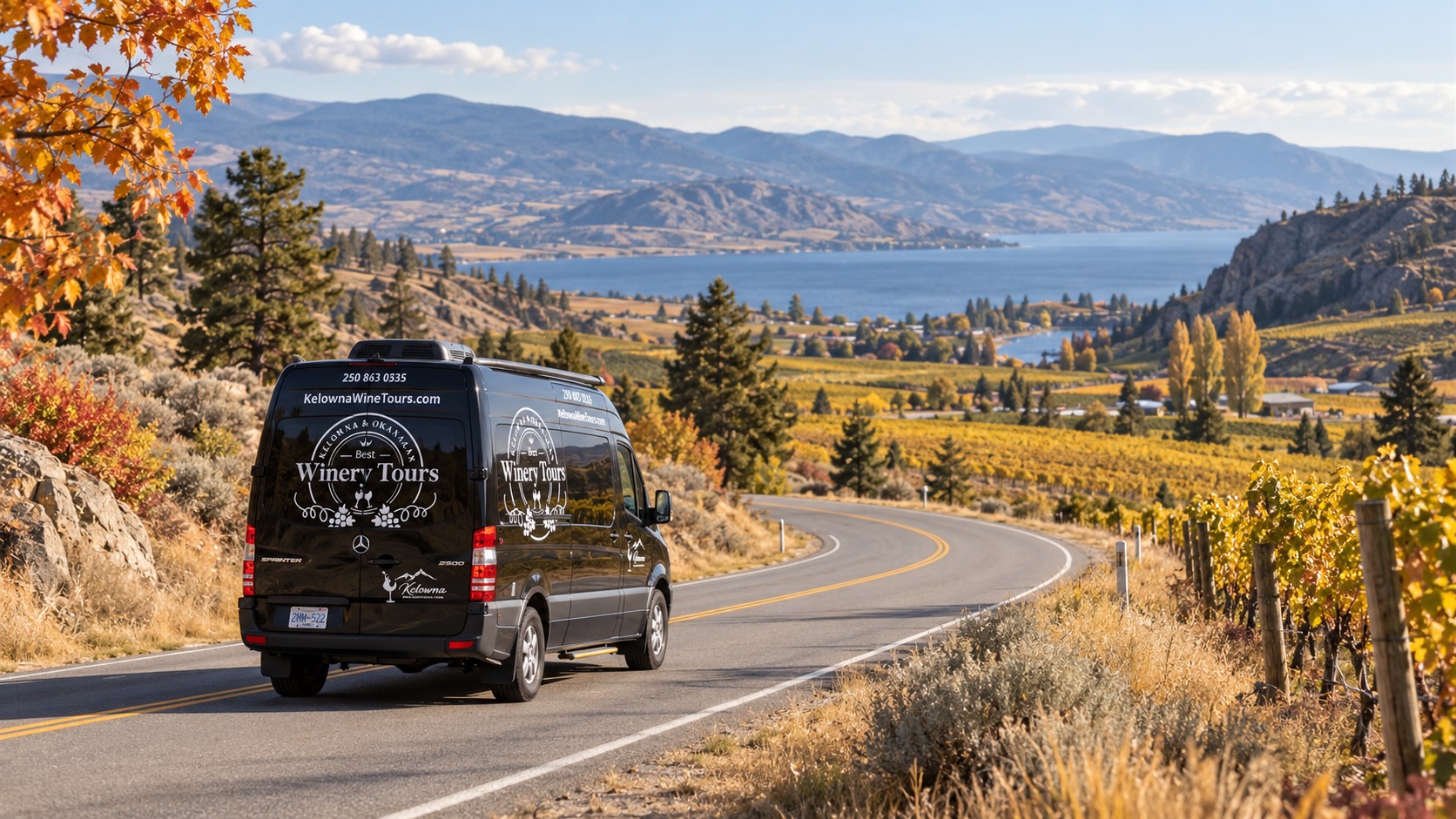 Kelowna Wine Tours van travelling through autumn South Okanagan vineyards toward a lake and distant hills
