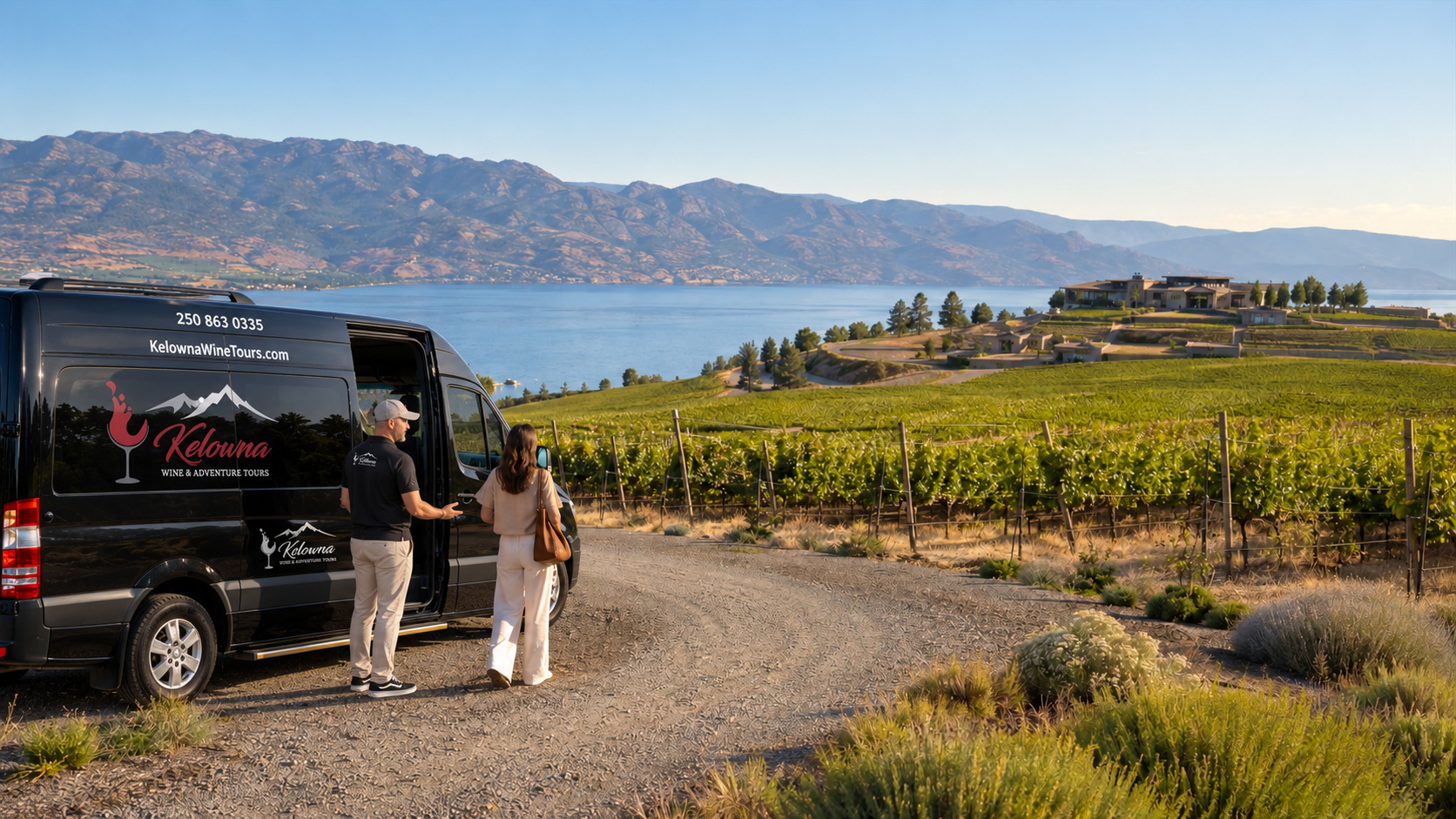 Guests arriving by unbranded tour van at a West Kelowna vineyard overlooking Okanagan Lake