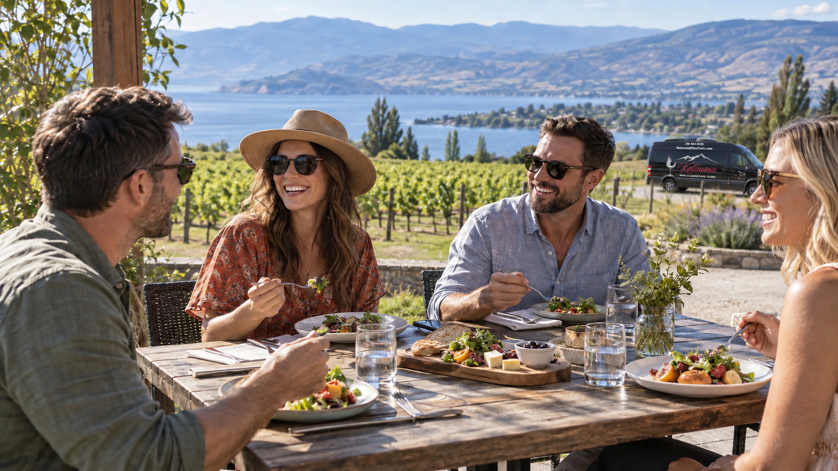 Four adult wine tour guests enjoying lunch on an Okanagan vineyard patio overlooking the lake