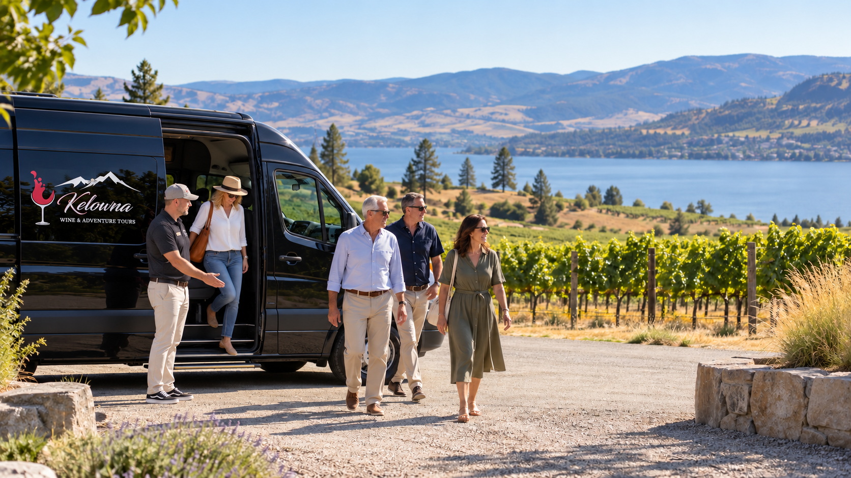 Adult guests arriving by an unbranded passenger shuttle at an Okanagan vineyard overlooking a lake near Kelowna