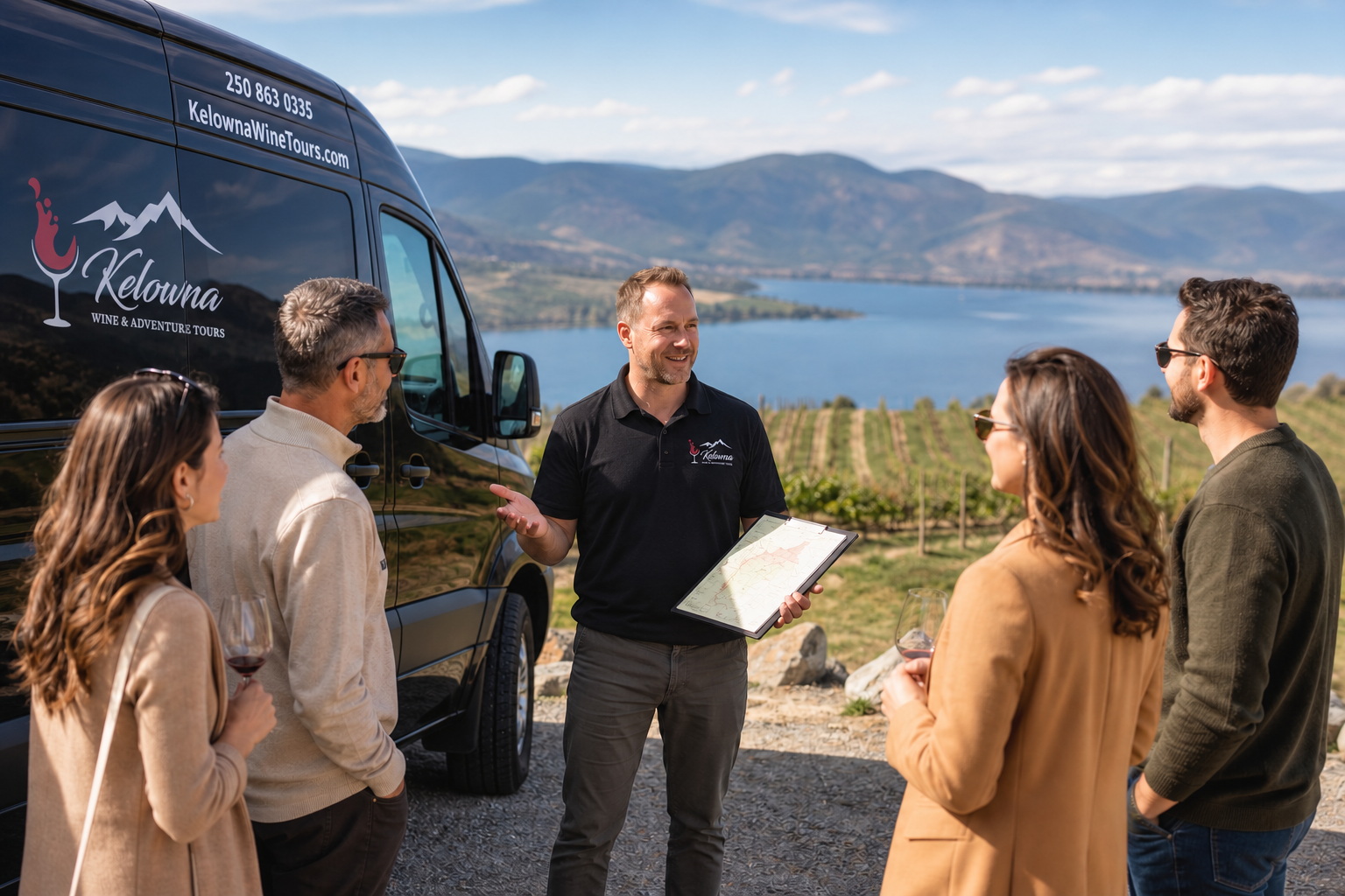 Kelowna wine tour guide speaking with guests beside a shuttle above Okanagan Lake
