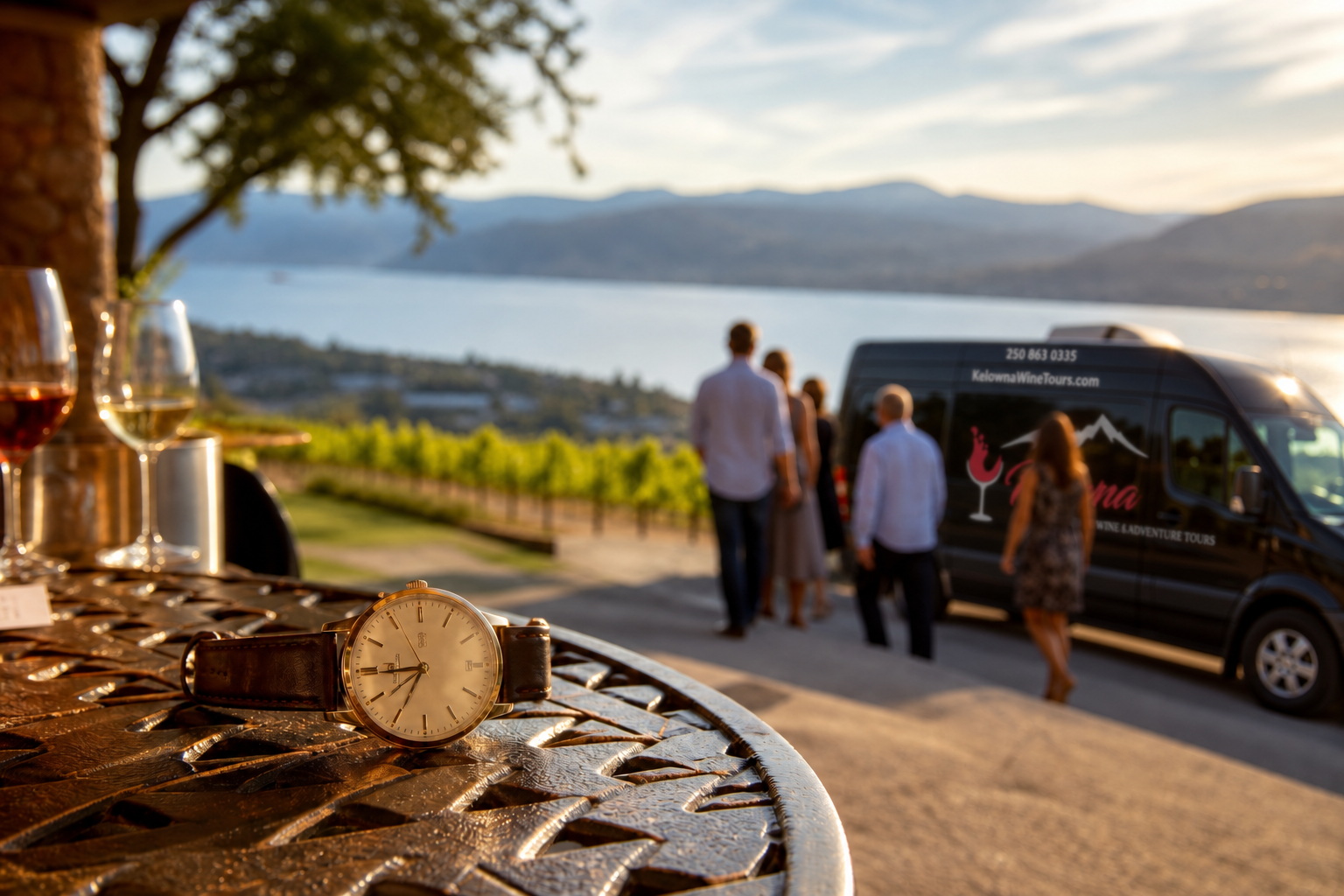 Analog watch on a winery patio with guests and a wine tour van above Okanagan Lake