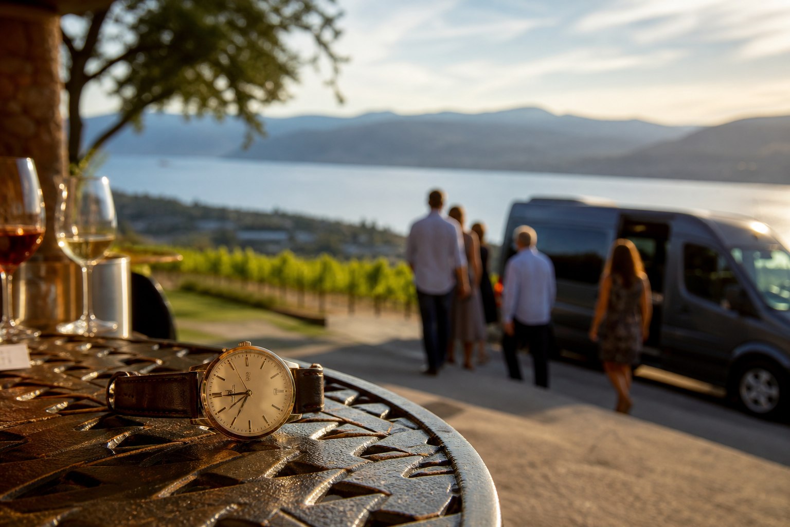 Analog watch on a winery patio with guests and a wine tour van above Okanagan Lake
