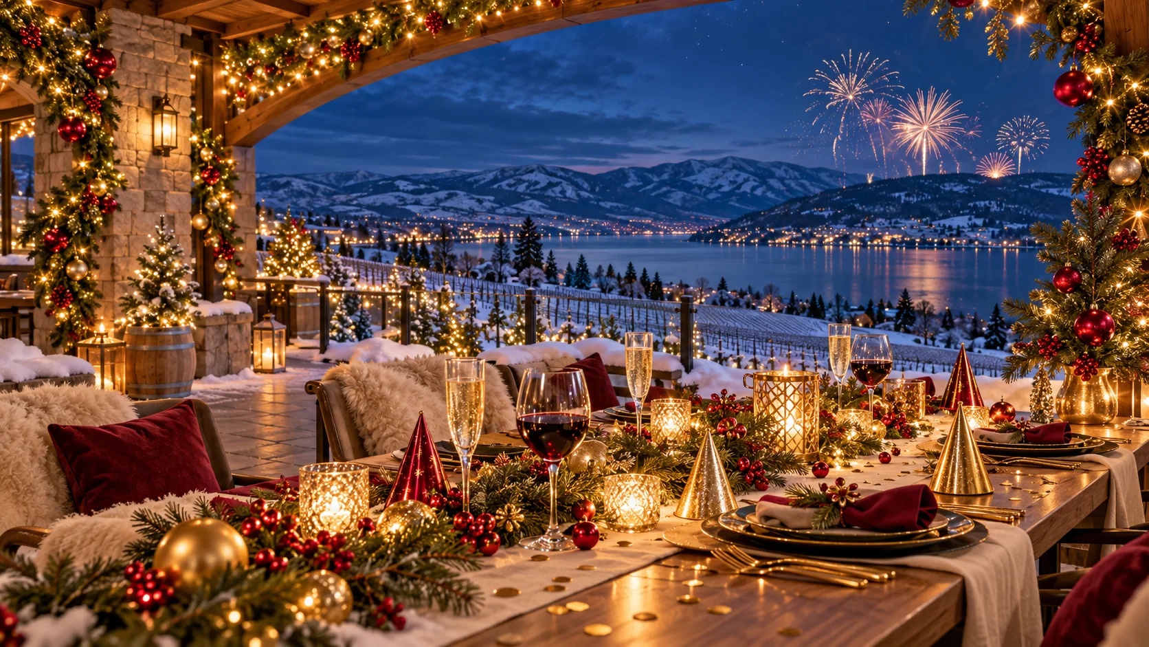 Illustrated holiday inspiration for a corporate wine and dinner celebration in Okanagan wine country