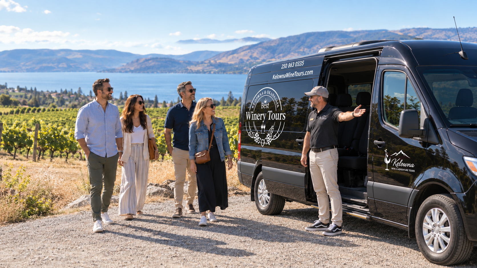 Adult guests meeting a private wine tour guide beside an unbranded passenger van overlooking an Okanagan vineyard and lake near Kelowna
