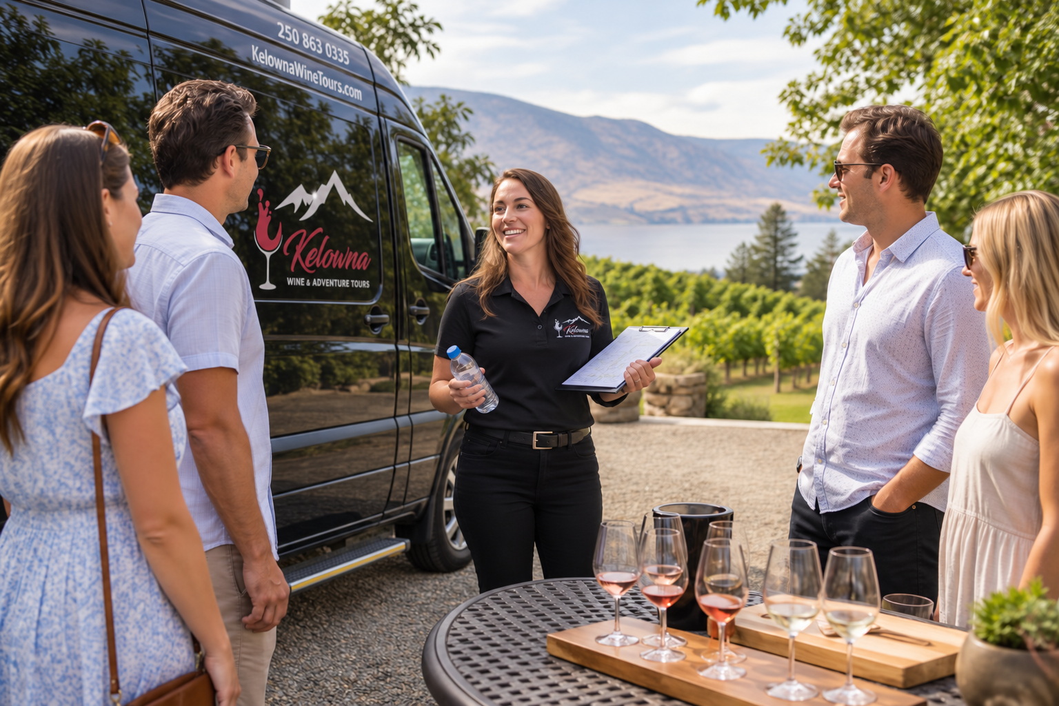 Kelowna wine tour guide welcoming guests with bottled water beside a winery shuttle and tasting flight