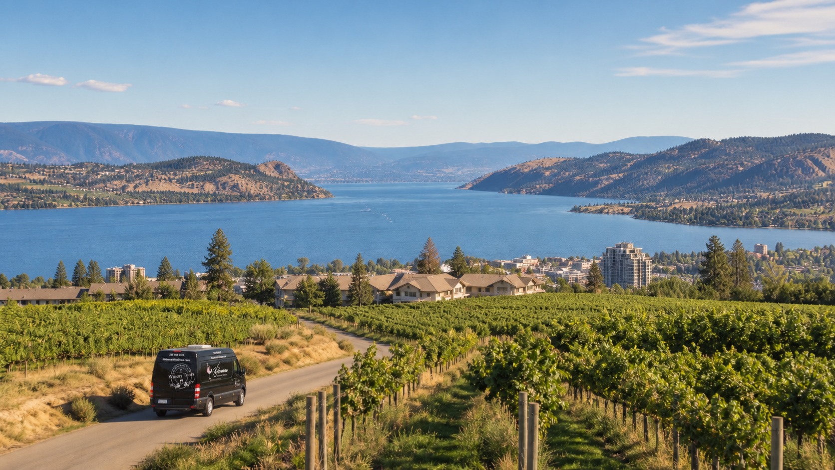 Tour van travelling from Kelowna accommodations toward Okanagan vineyards beside the lake