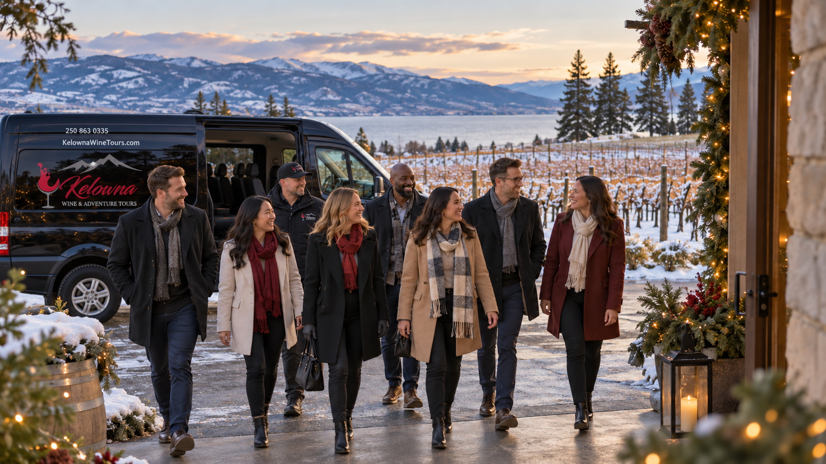 Adult coworkers arriving by private passenger van for a winter corporate Christmas party wine tour at a snow-dusted Okanagan winery near Kelowna