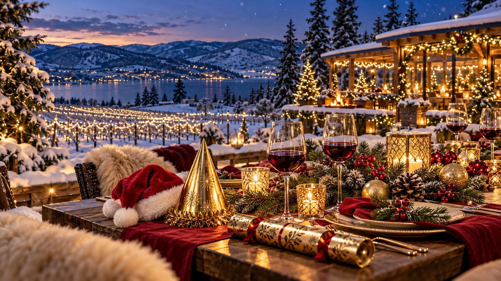 Illustrated winter wine country celebration inspired by Lake Country