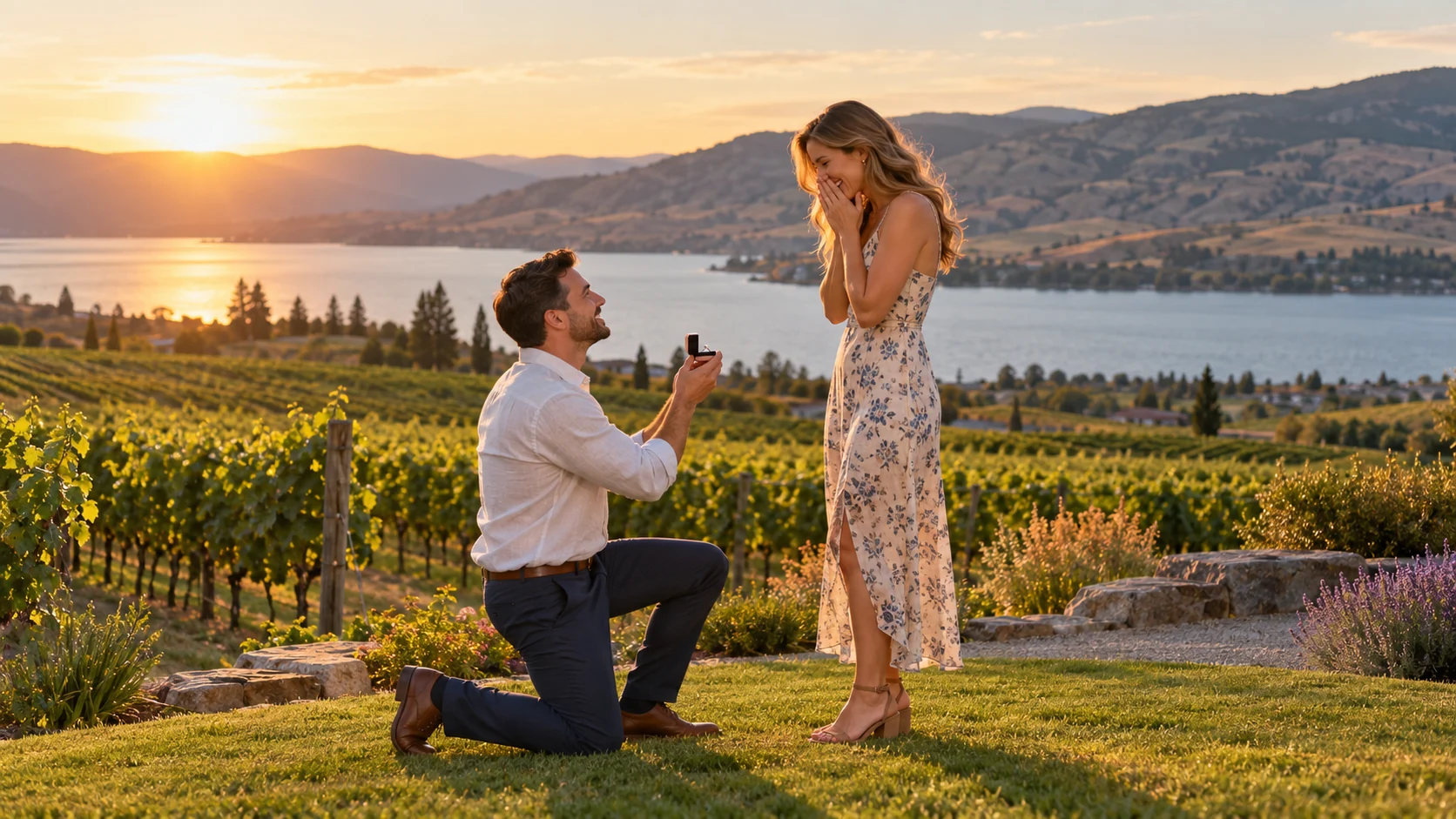 Proposal inspiration: one partner kneeling with a ring during a quiet vineyard moment, with lake and hills beyond