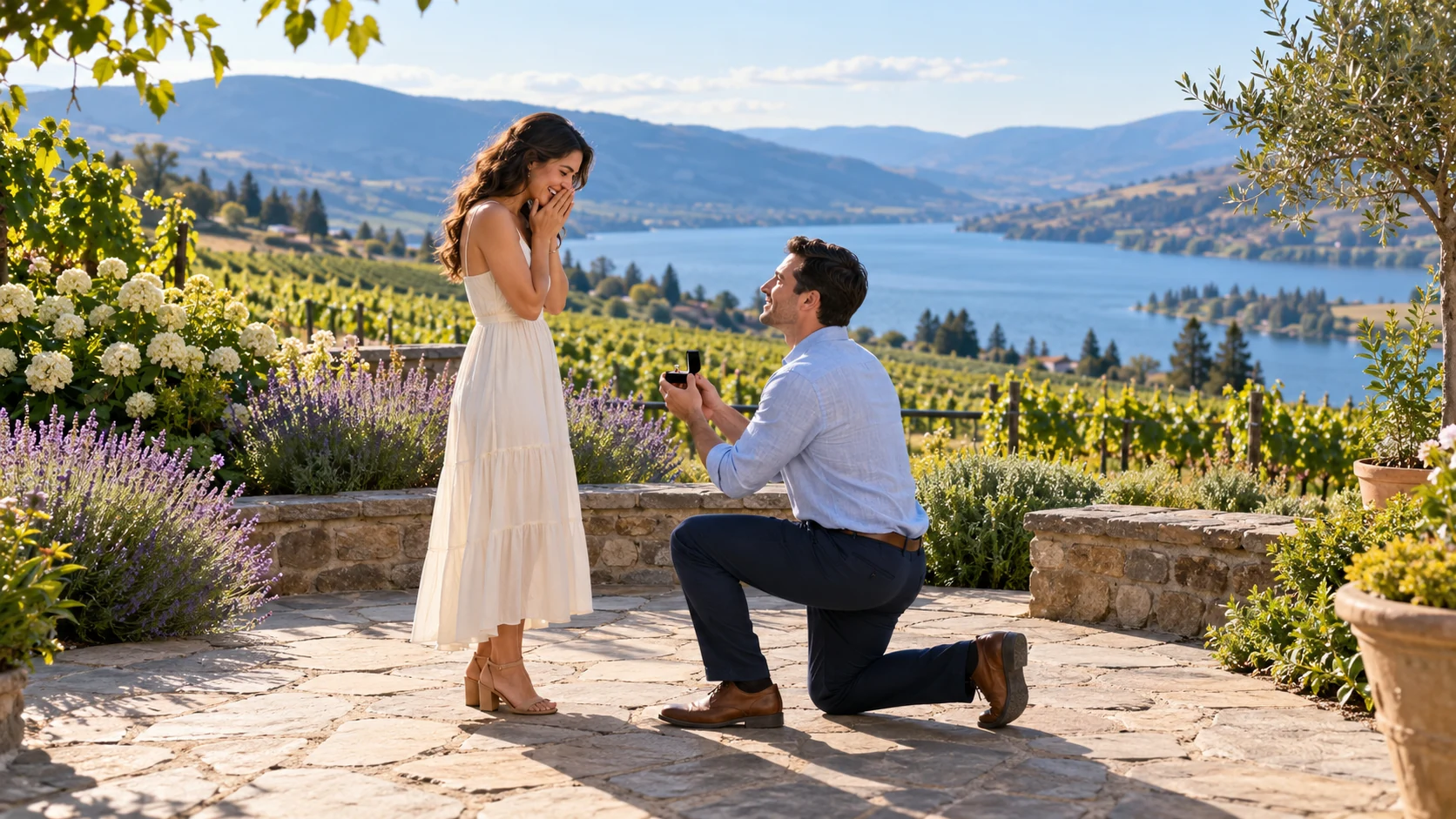 Proposal inspiration: a couple enjoying an intimate proposal on a quiet winery terrace